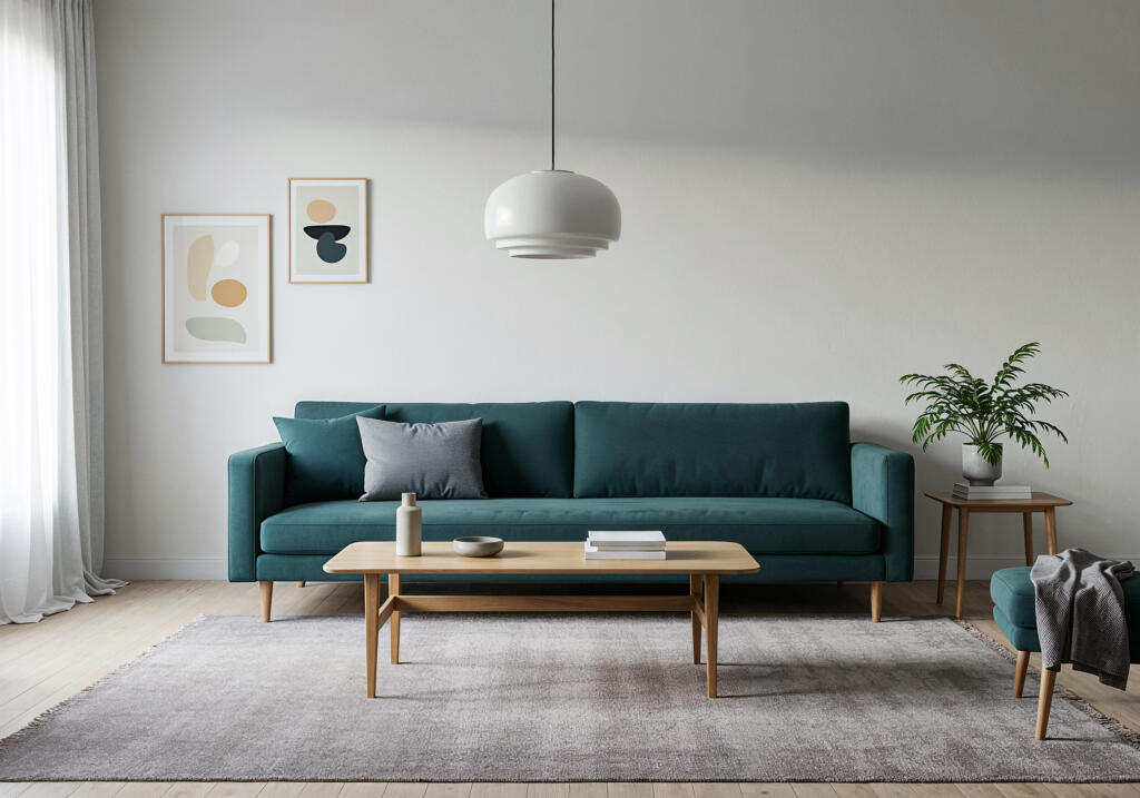 elegant living room interior with teal sofa » StayBooked