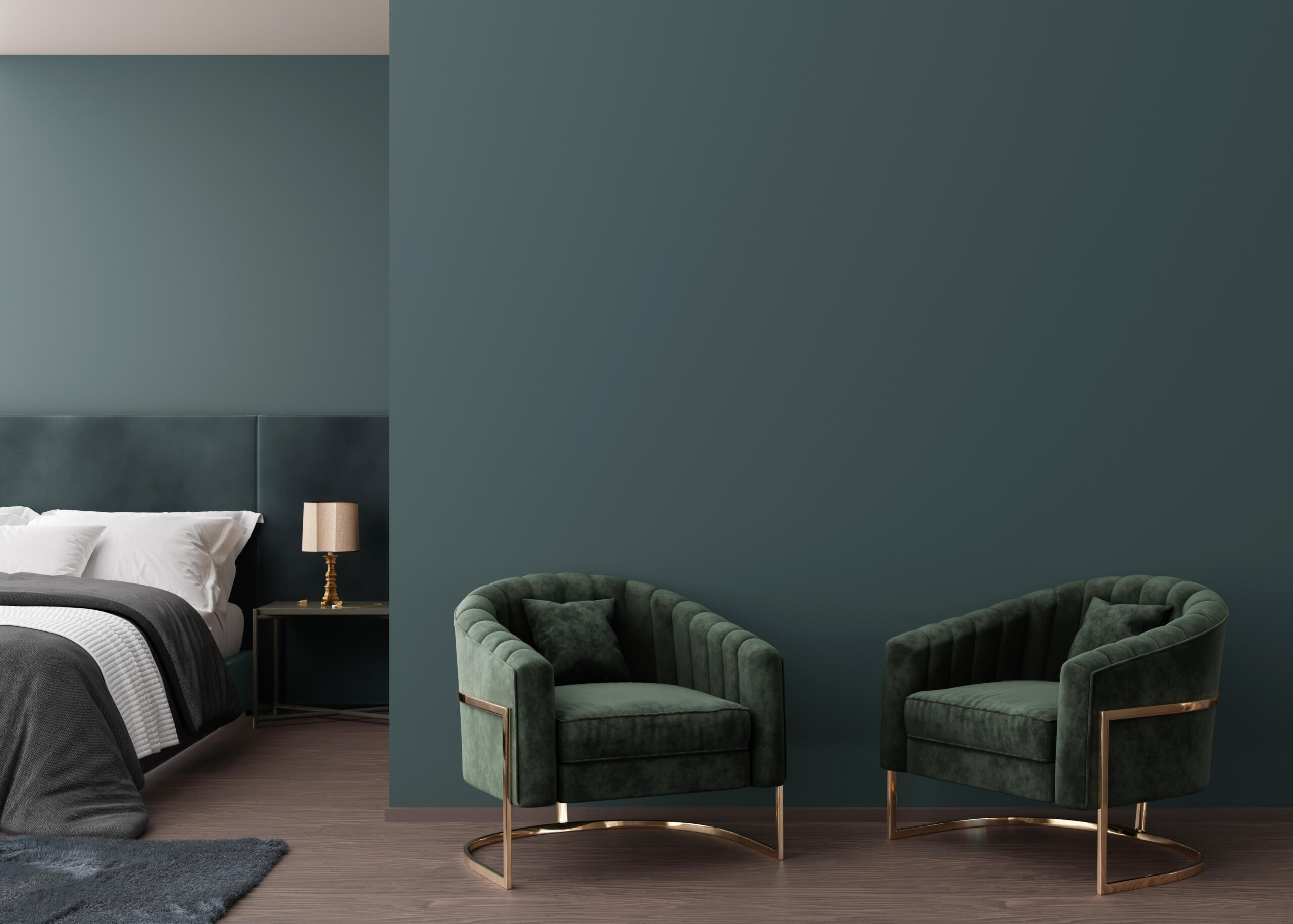 empty dark green wall modern bedroom mock up interior classic style copy space your picture poster template artwork bed armchairs 3d rendering scaled » StayBooked