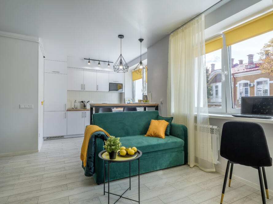 interior modern living room guestroom studio apartments with sofa tv » StayBooked