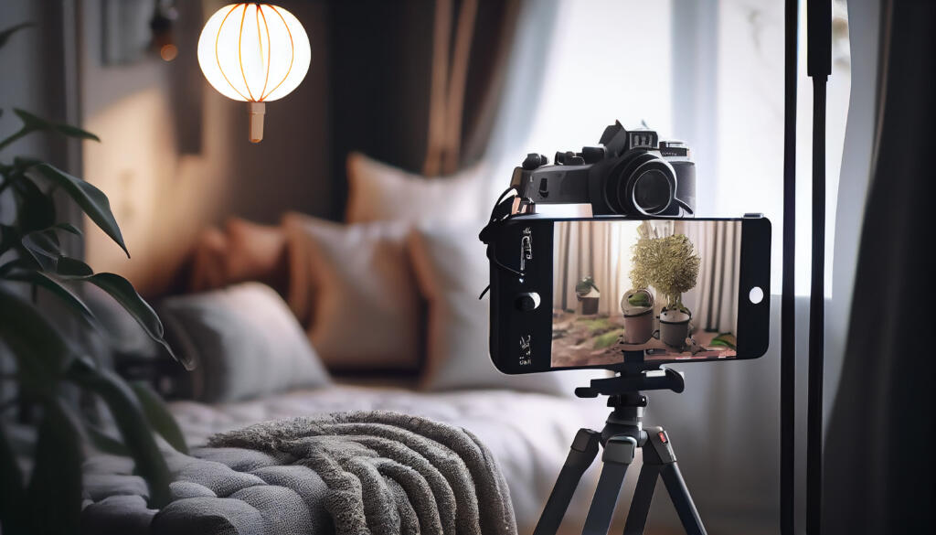 modern bedroom with photographer equipment tripod generative ai » StayBooked