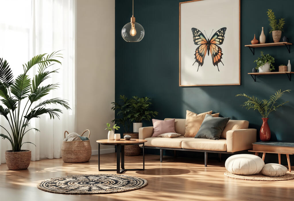 stylish modern living room with butterfly art cozy decor » StayBooked