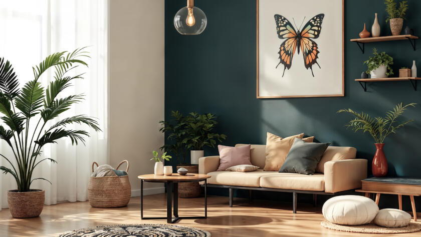 stylish modern living room with butterfly art cozy decor » StayBooked