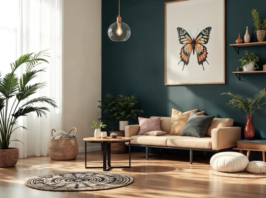 stylish modern living room with butterfly art cozy decor » StayBooked