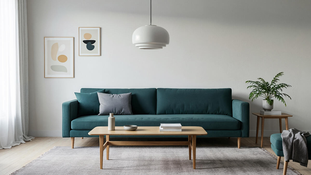 elegant living room interior with teal sofa » StayBooked